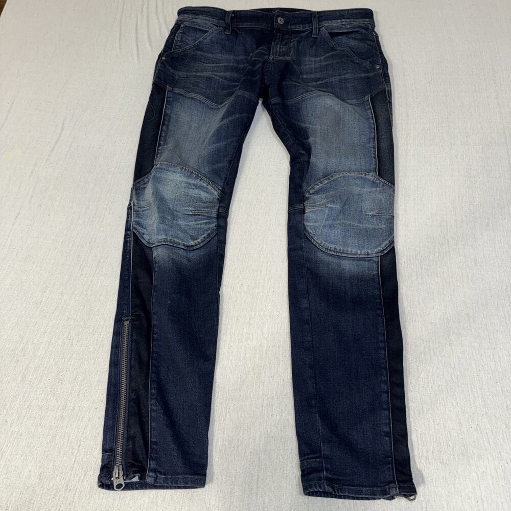 G Star Raw Jeans Mens 38x32 Blue 5620 3D Ankle Zip Skinny Double Knee Biker EUC